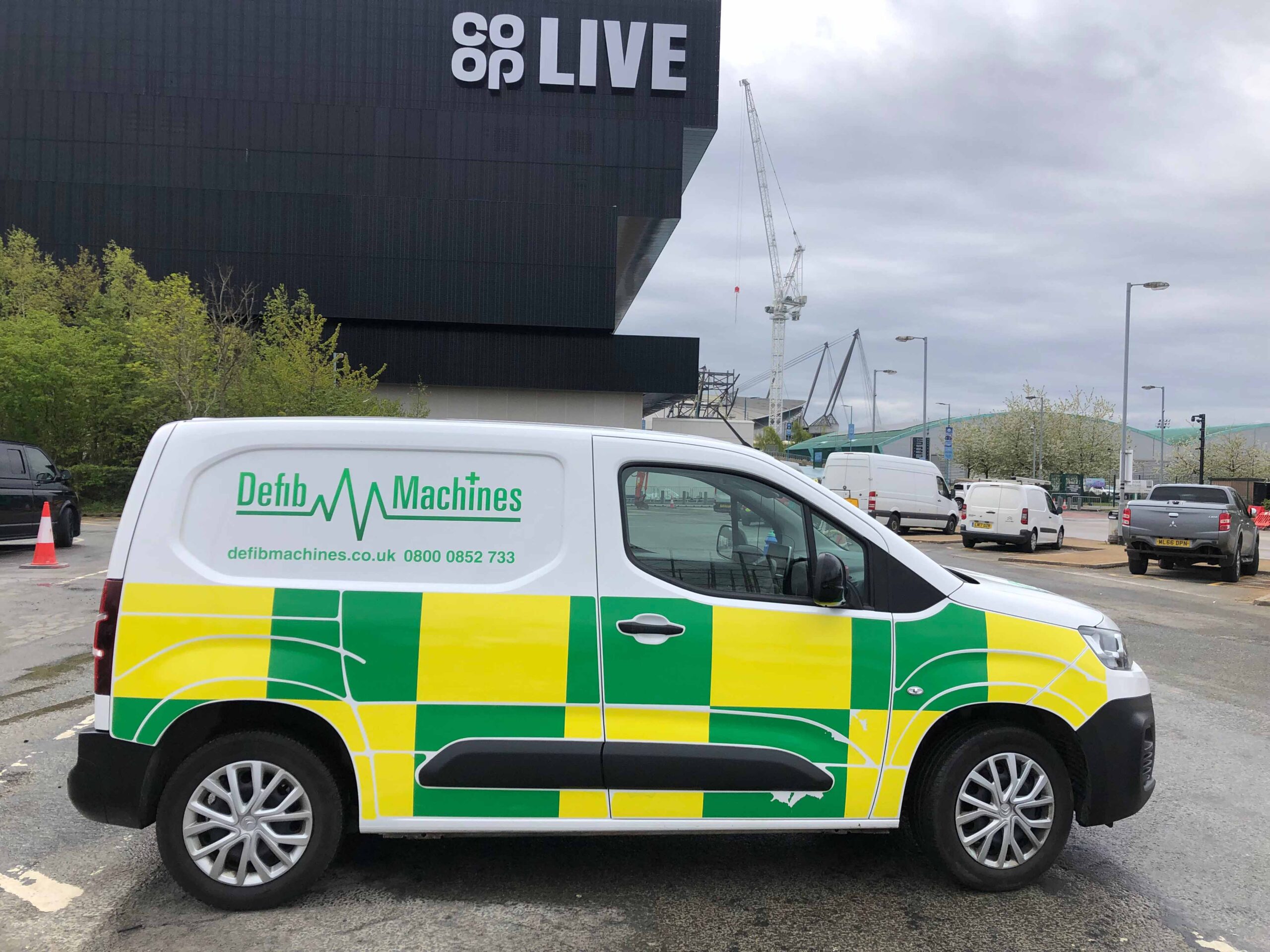 An image of a Defib Machines van outside the Co-Op LIVE Arena in Manchester
